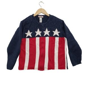 Vintage Tiara International American Flag Zip Up Sweater Womens M Stars Stripes